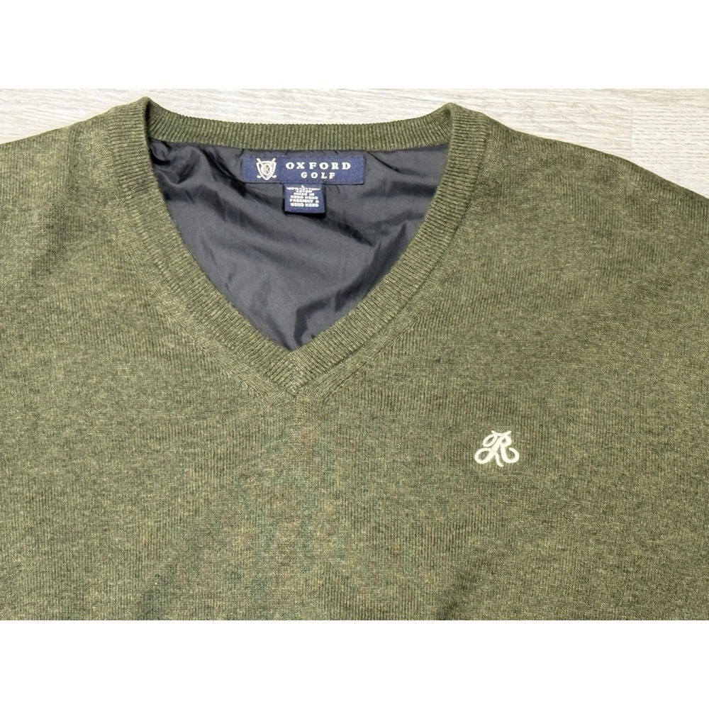 Oxford Golf V-Neck Sweater Men's Size Large Olive Green Embroidered Cursive "R" - Picture 2 of 11